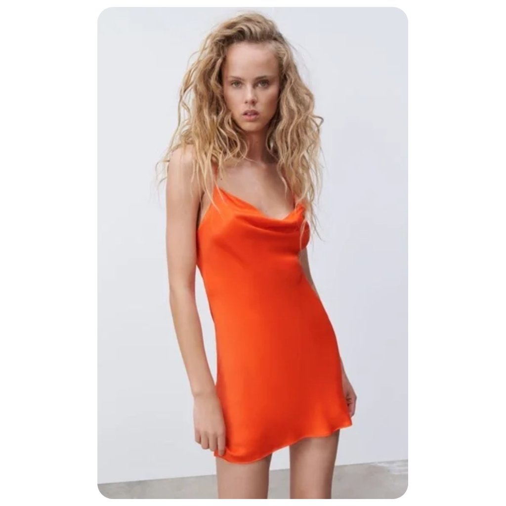 Zara Orange Cowl Neck Spaghetti Strap Cross-Back Satin Effect Mini Slip